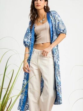Umgee Blue Paisley Satin-Trim Long Duster